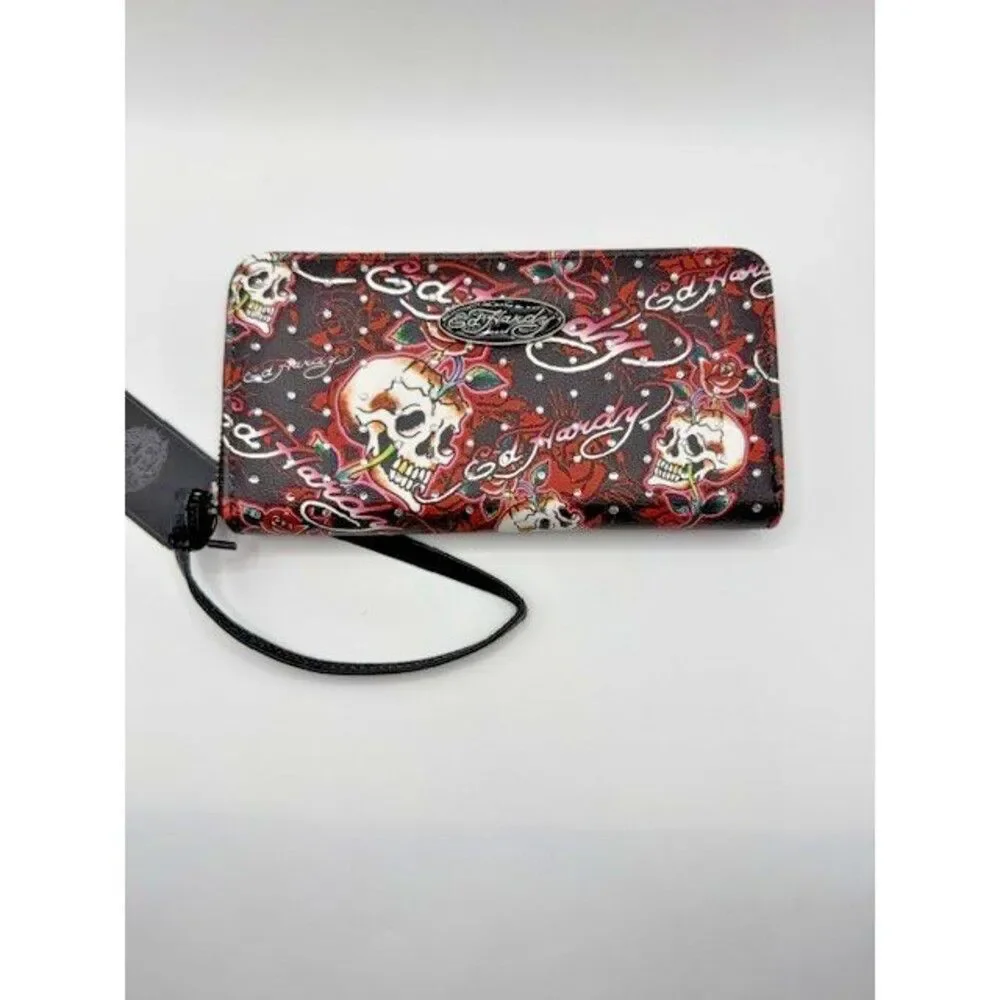 Ed Hardy Skull Rose Zip Around Wallet Wristlet Y2K Retro Black Red Tattoo New